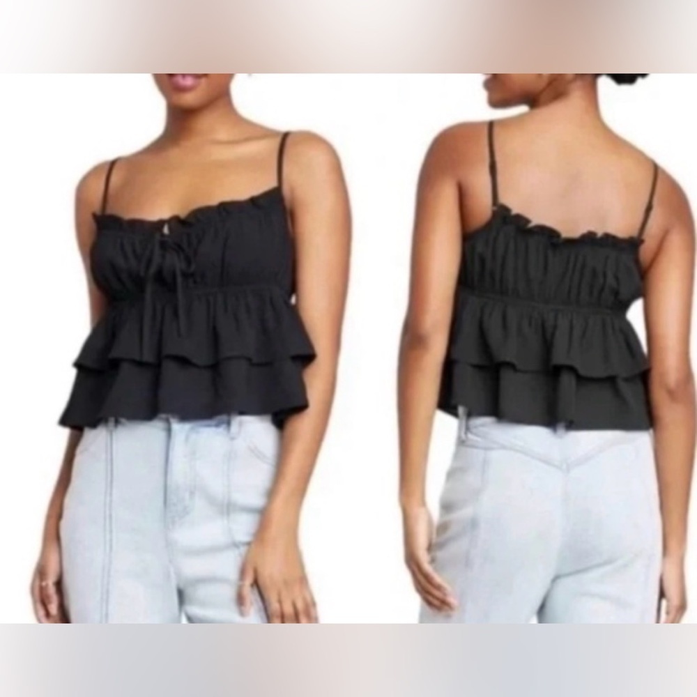 Wild Fable Ruffled Camisole Crop Top Black Tiered Smocked XS RN17730